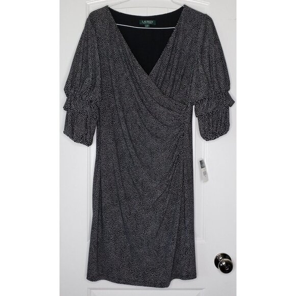 Ralph Lauren V Neck Surplice Jersey Dress Womens 14 Black Polka Dot Knee Length - Picture 3 of 15